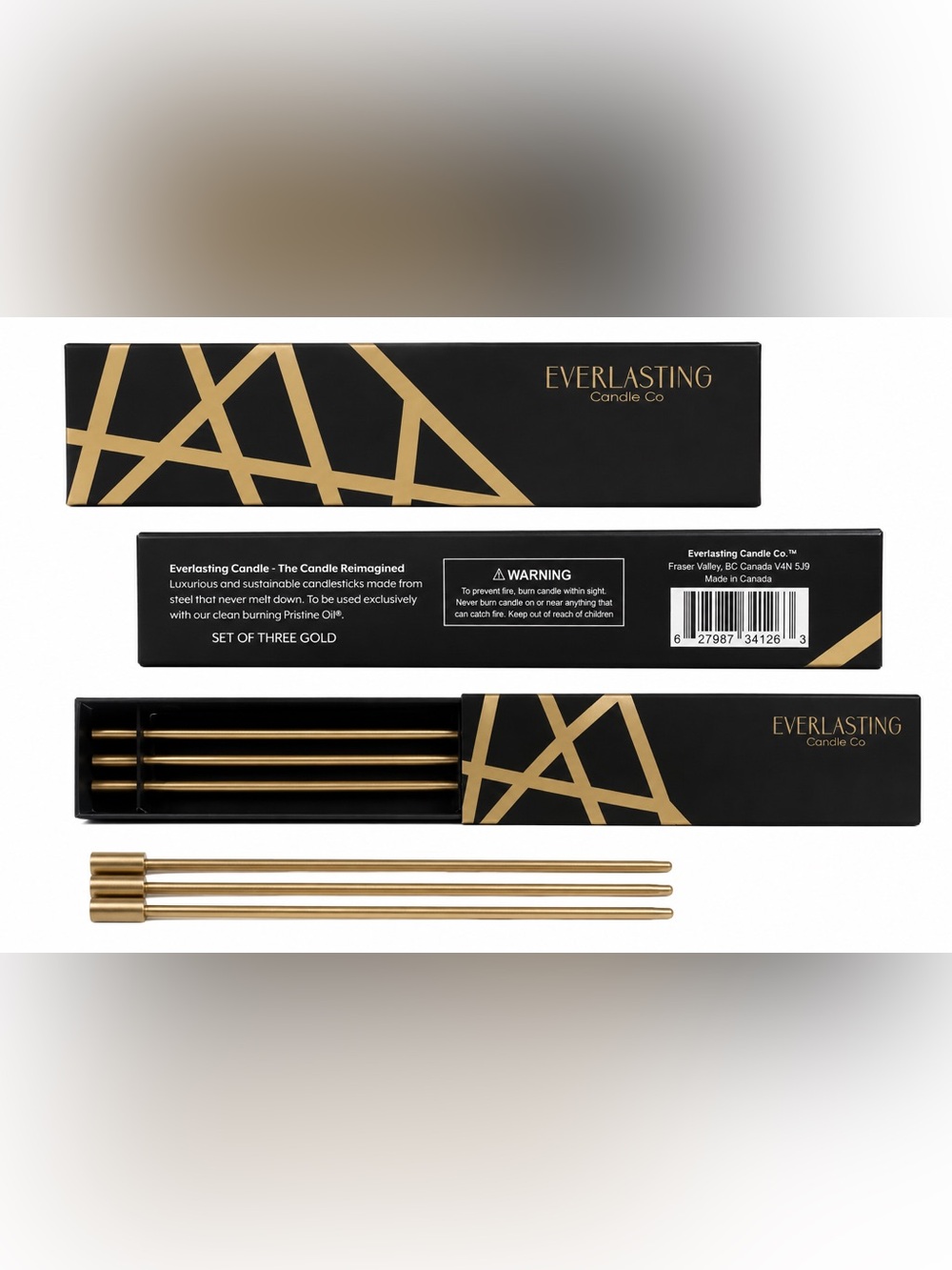Everlasting Candle Co Gold Candles Set of 3 Reusable Steel NEW